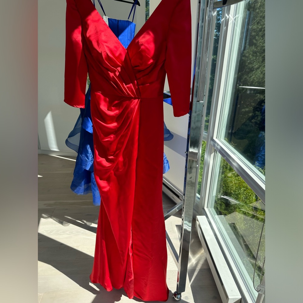 Red satin V neck dress